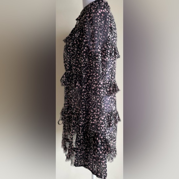 ALL SAINTS DEIRDE PEPPER SHIRT, TIE DETAILS, TIERED, FLOWY, BLACK/PINK SZ XS - Picture 7 of 10